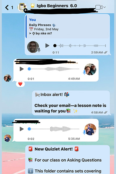 Sample WhatsApp activities from the Igbo Group Class for beginners